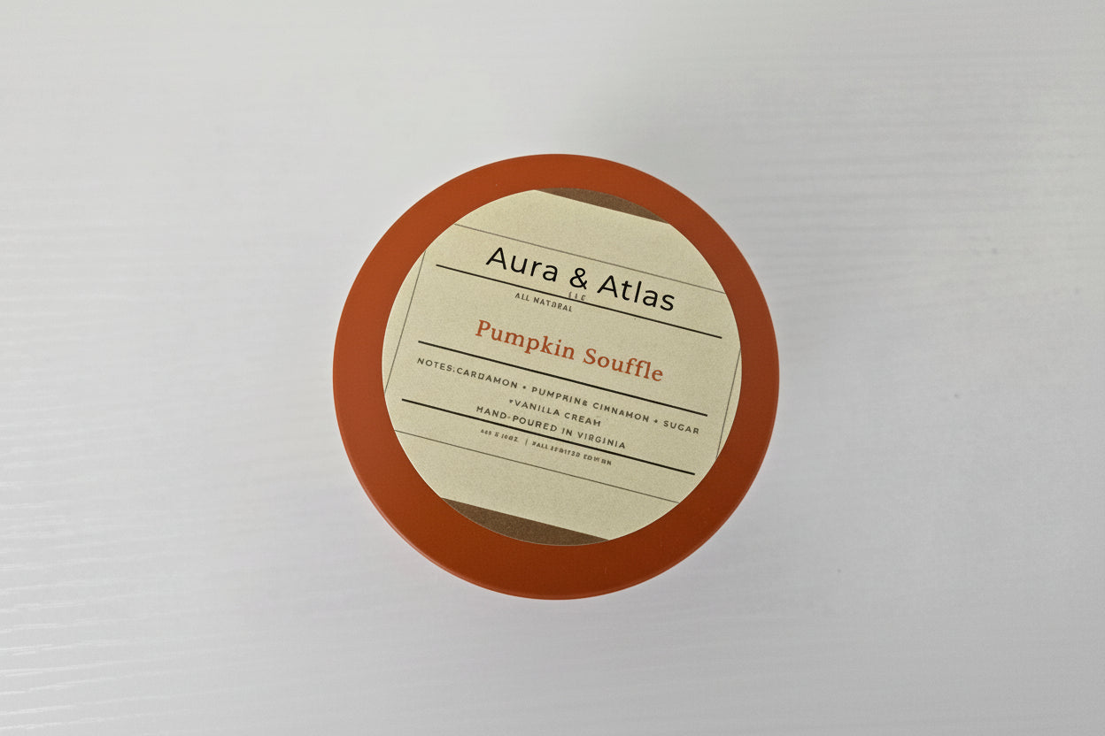 Round container lid with 'Aura & Atlas' branding on a white background