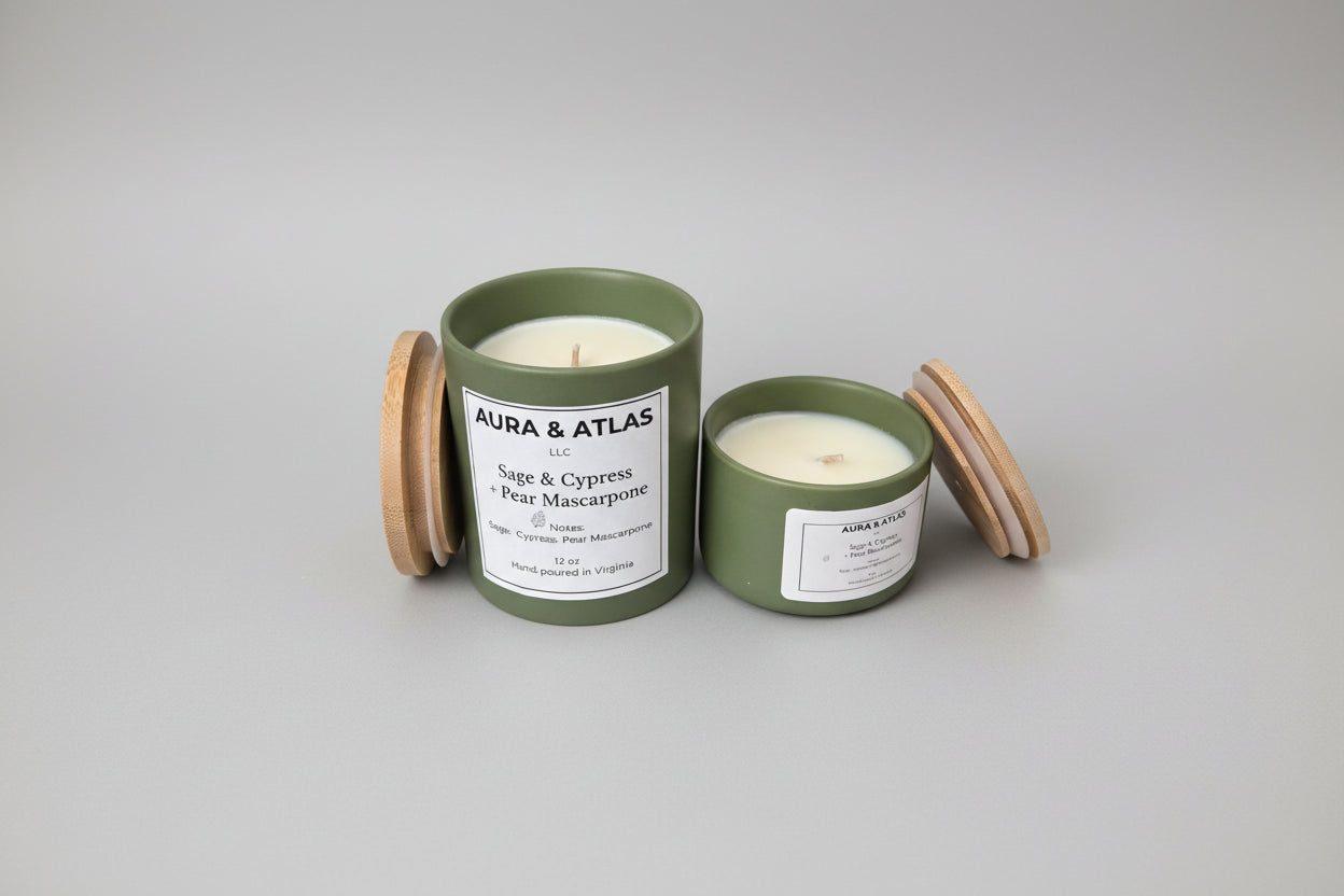 Two green candles with wooden lids on a white surface, featuring 'Aura & Atlas' branding.