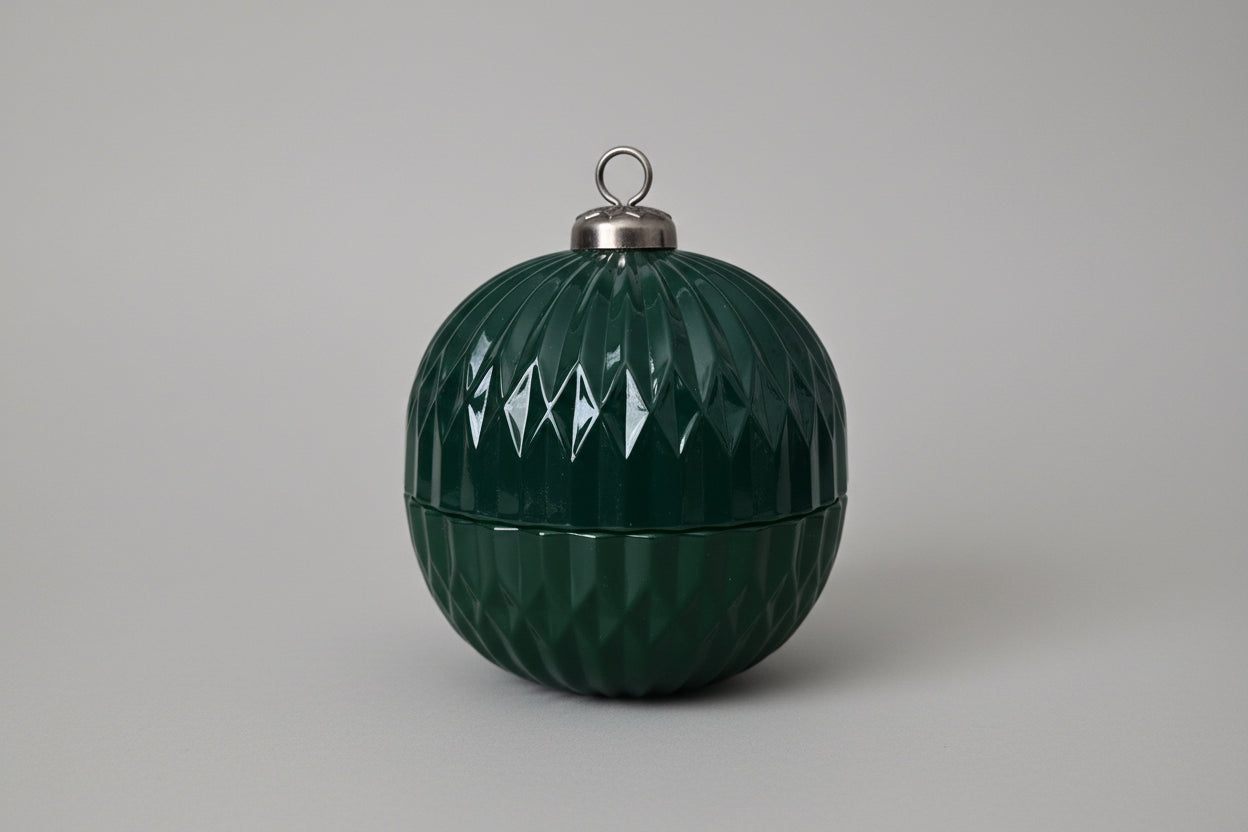 Green textured decorative ball on a white surface