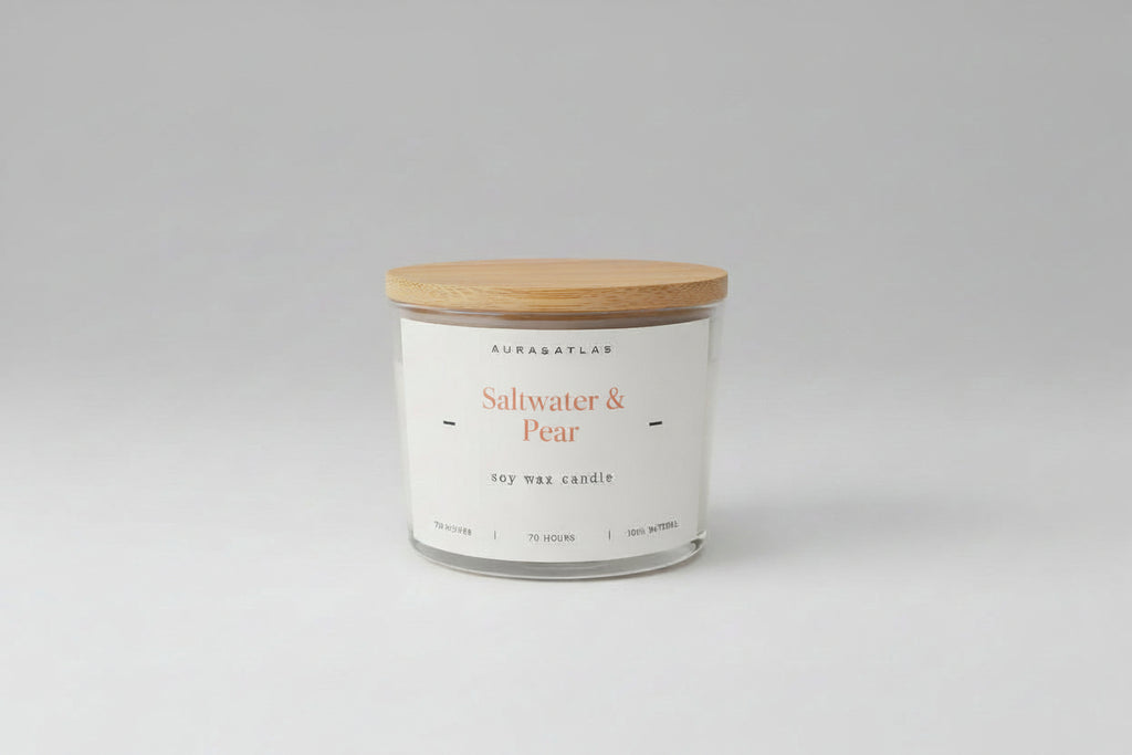 Candle with wooden lid on a white background