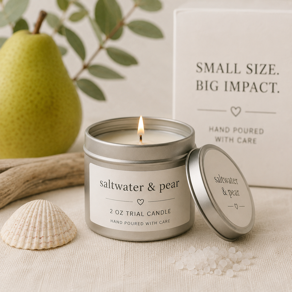 Small candle in a tin labeled 'saltwater & pear' with a pear, shell, and driftwood in the background.