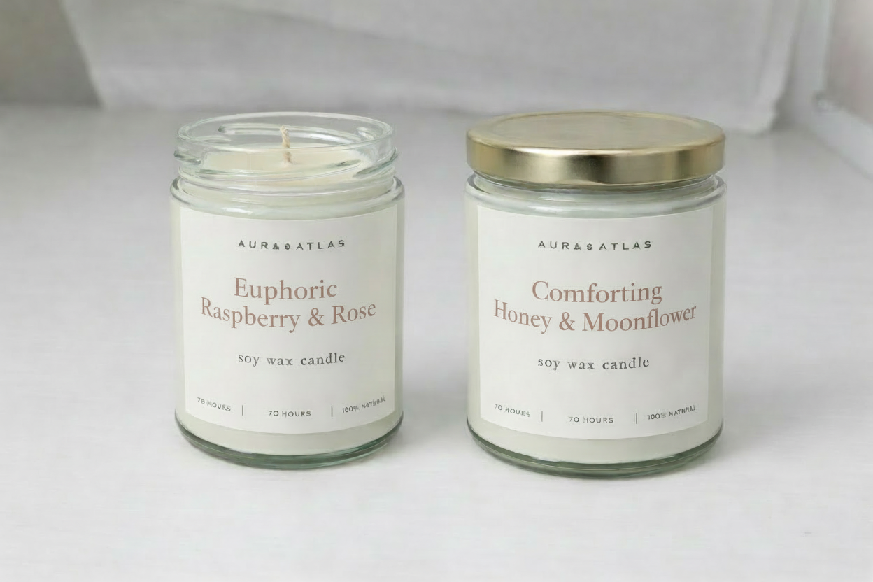 Two candles labeled 'Jasmine Tea & Bamboo' by Aura & Atlas on a white background.