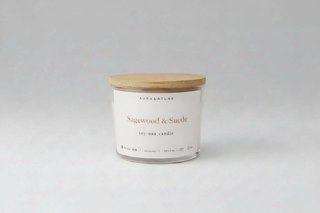 Candle with wooden lid on a white background