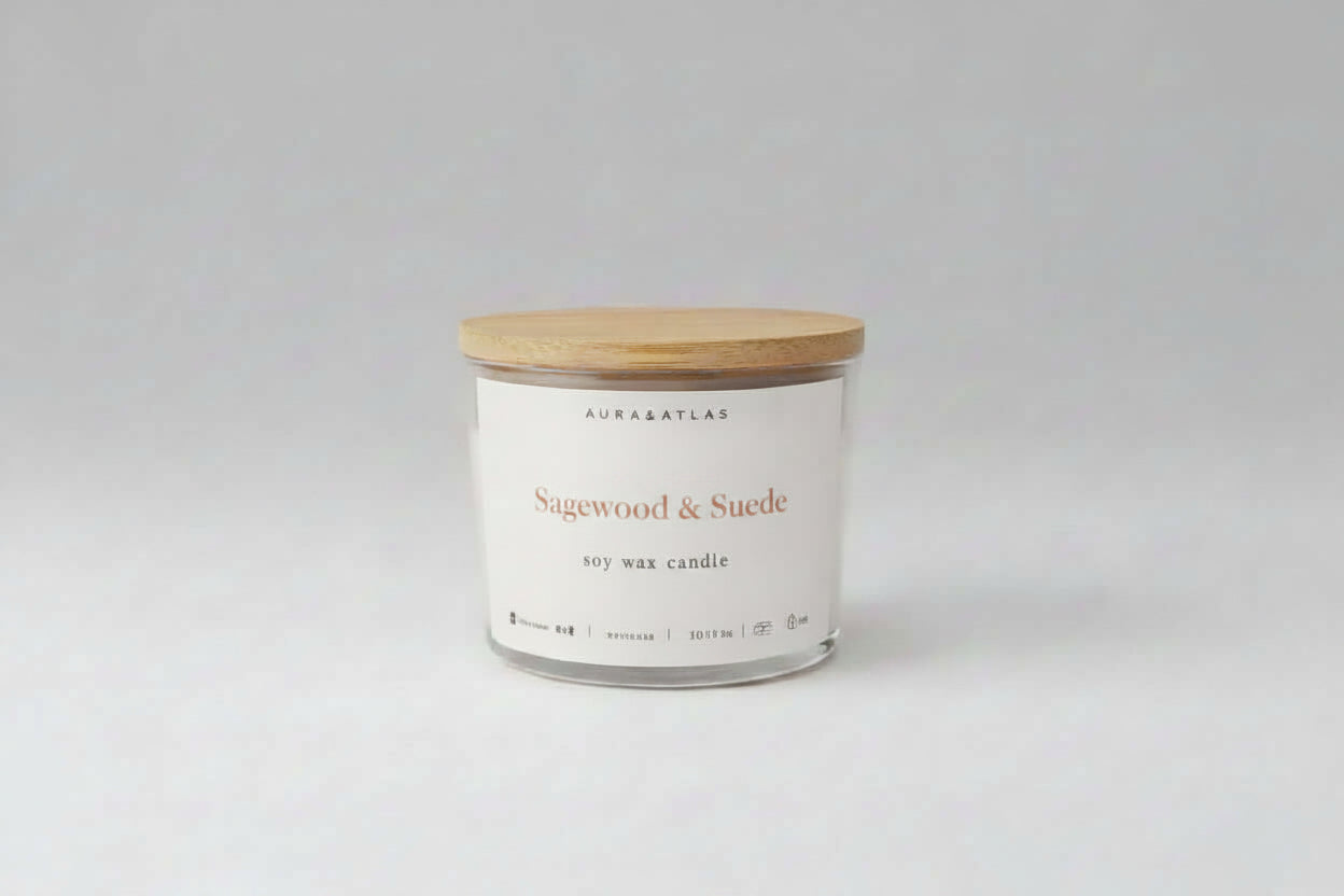 Candle with wooden lid on a white background